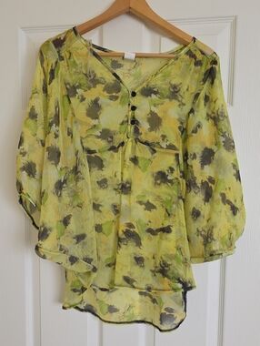 Sheer Lime Floral V-Neck Blouse with Button Detail - Women's Top